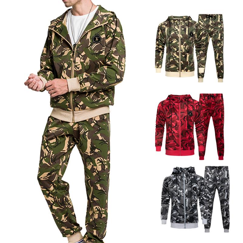 

Casual Sport Running Set Tracksuit 2pcs Men Camouflage Sport Suit Hooded Sweater Jogging Jacket Hoodies Sportswear Gym Clothing, Gray