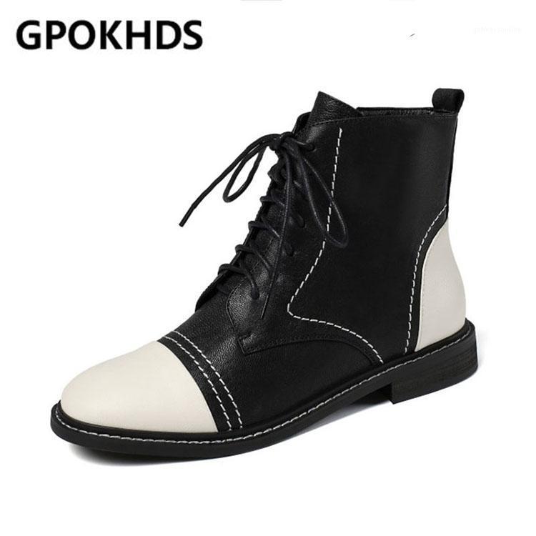 

GPOKHDS 2021 women soft ankle boots cow leather lace up boots winter short plush round toe low heel women1, Black