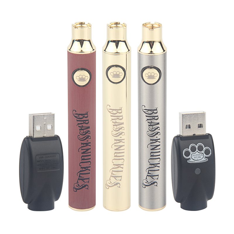 

5pcs Brass Knuckles Battery 650mAh Gold 900mAh Wood SS Vape Pen Preheat VV Variable Voltage Usb Charger For 510 Thick Oil Cartridge Tank