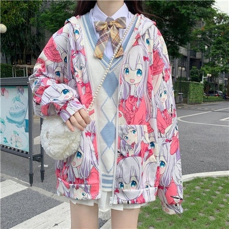 

HOUZHOU Autumn Anime Hoodie Fashion Kawaii Print Zip Up Hoodies Streetwear Harajuku Sweatshirt Korean Style Cute Women Hoodies 201203, Purple