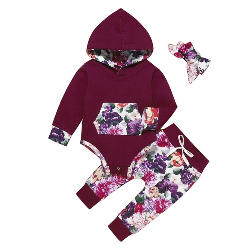 

Baby Girls Clothing Set Spring Autumn Newborn Infant Hoodie Romper +Floral Trousers +Hairband 3pcs Outfits For 0-18M