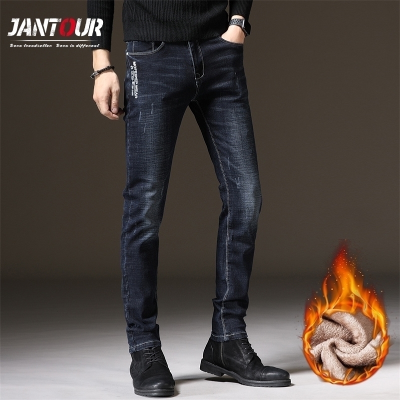 

jantour Men Winter Fleece Thick warm Jeans New Fashion Male Straight Slim Denim trousers Retro Jeans Long Jeans male 201111, Blue black