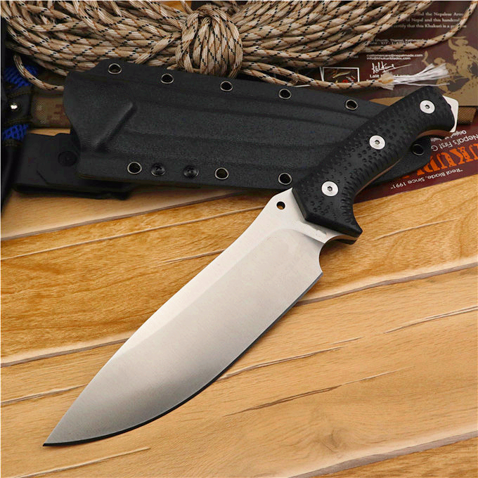 

Top Quality High End Strong Survival Straight Knife A2 Steel Drop Point Satin Blade Full Tang Black G10 Handle With Kydex