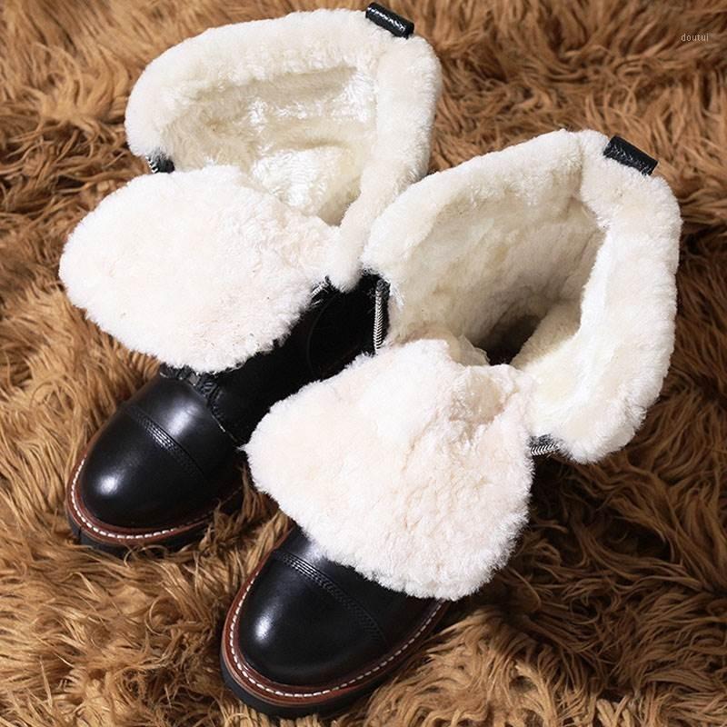

Winter Women Cowhide Genuine Leather Ankle Boots Brand Buckle High Top Shearling Biker Shoes Zipper Thick Wool Lining Snow Boots1, White wool lining