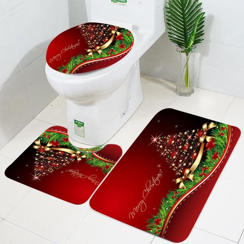 

4pcs Bath Mat Set Christmas Toilet Mat Anti Slip Bathroom Carpet Rug Bathroom Shower Curtain Four-piece Set E3