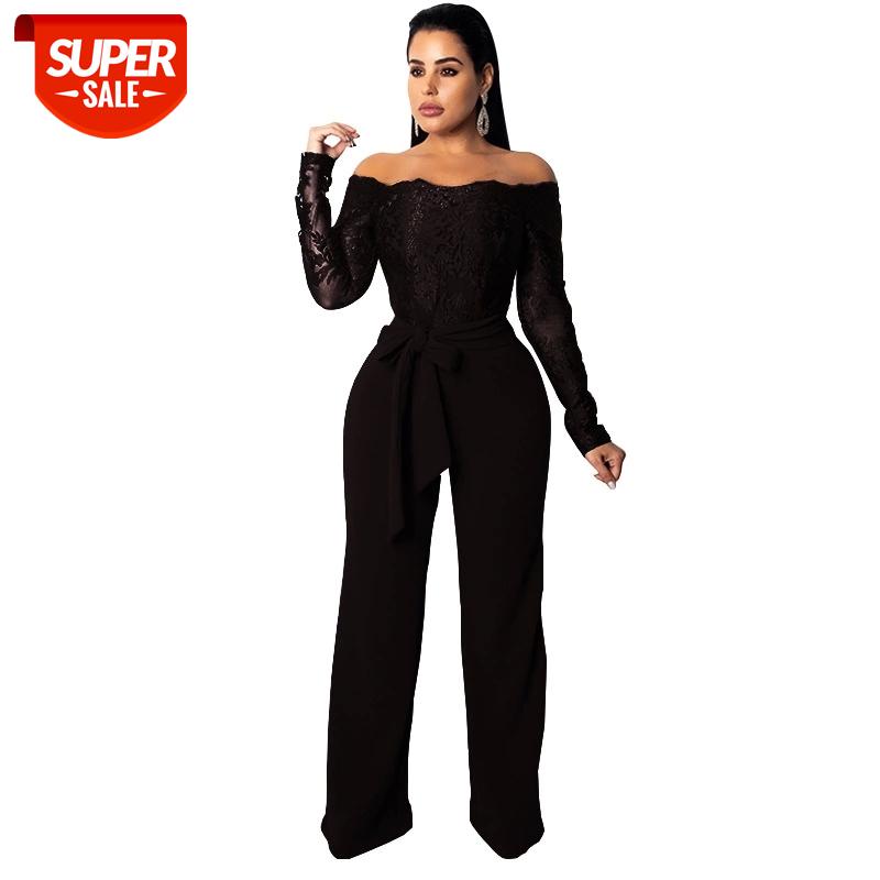 

Women Sexy Lace Patchwork Loose Jumpsuit Slash Neck Off Shoulder Long Sleeve Romper with Belt Wide Leg Pants Overalls #jB4k, Black;white