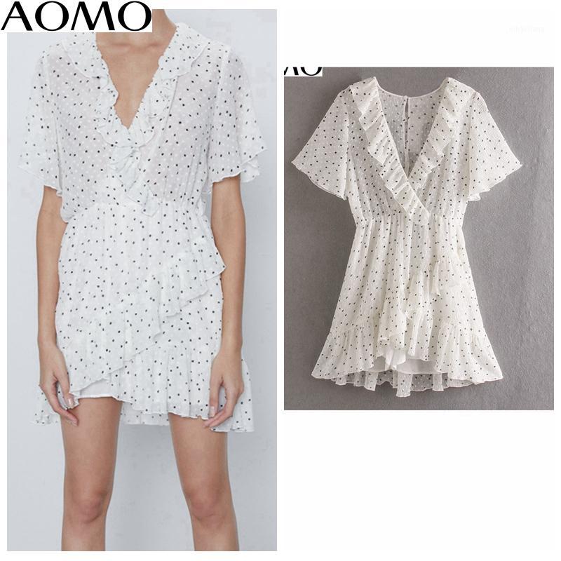 

AOMO 2020 Fashion Women Dots Print Summer Playsuit Short Sleeve Vintage Female ruffles beach Jumpsuit JE40A1, White