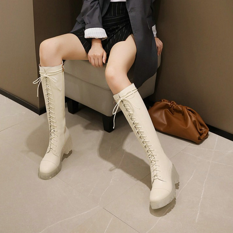 

2020 Clear transparent winter only equestrian riding womens platform heels Rent-up front knee high boots for women, Black-matte pu