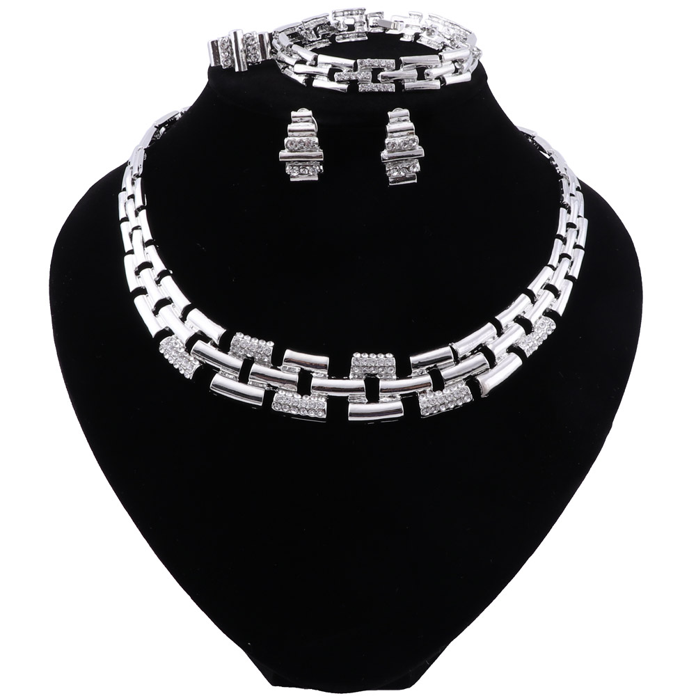 

Nigeria Charm Bridal Luxury Jewelry Silver Color Necklace Bracelet Earrings Ring Dubai Wedding Fashion Jewelry Set