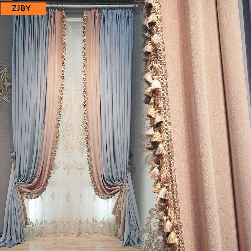 

Custom curtains light luxury French pink blue princess bedroom velvet thick embroidery cloth blackout curtain tulle panel C083