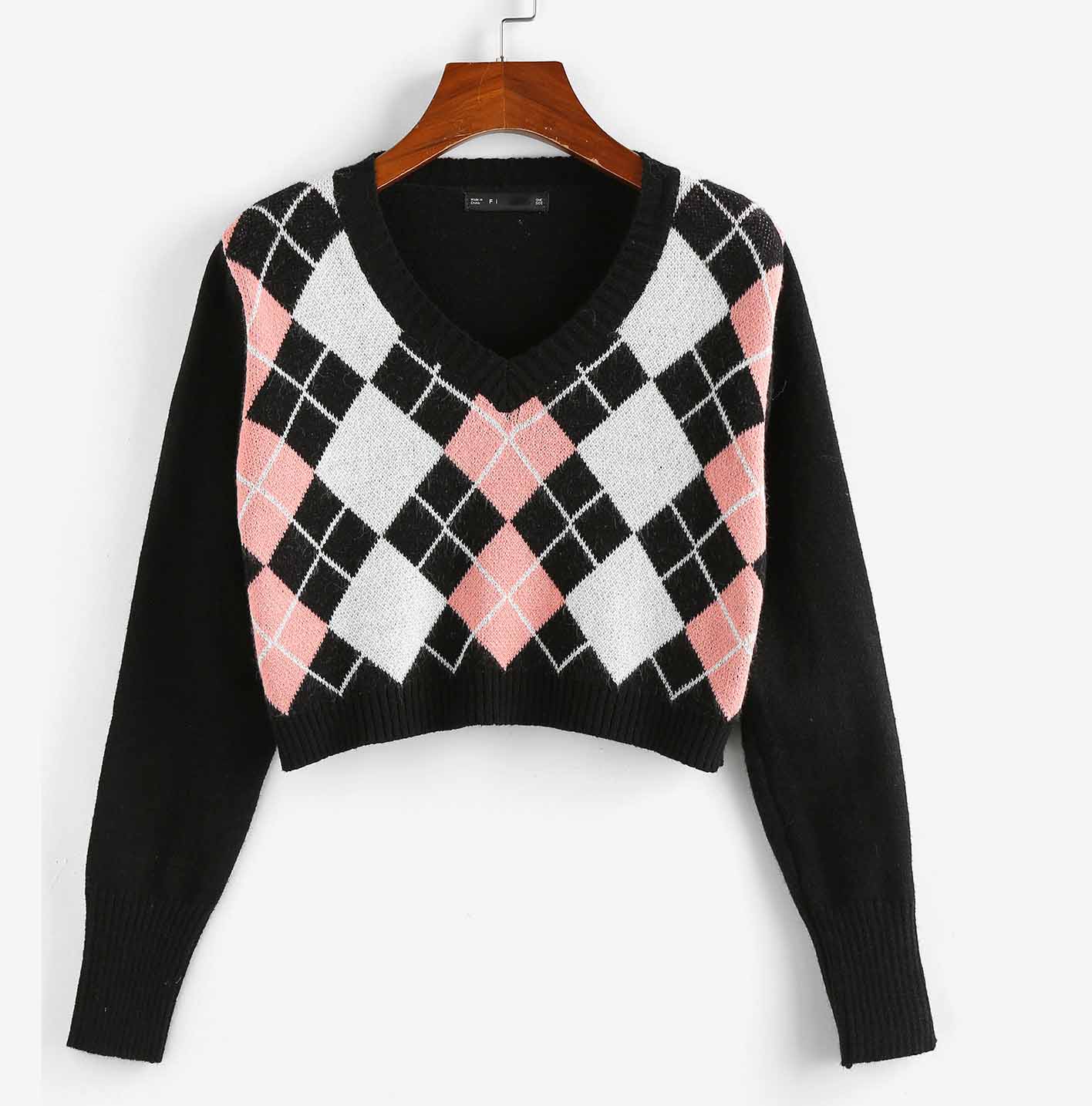 

Women Fashion Sweater Casual Women Cute Argyle V Neck Crop Sweaters Popular Panelled Streetwear Blue Pink Khaki Colors Size  M L XL