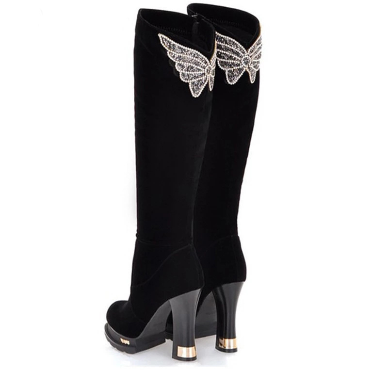 

of Winter Fashion Skin Women's Shoes Sexy Luxury Butterfly Knee Black Ladies Flock High Heels Long Boots Ap2n