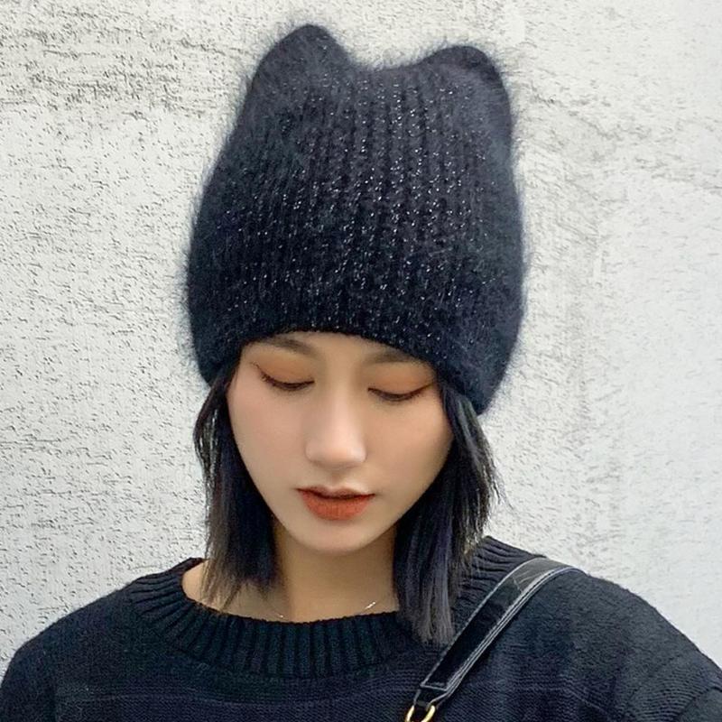 

Fur Cat Ears Hat For Lady Design Winter Warm Soft Solid Color Cap Beanies Fashion Year New Hat Gifts S3T1