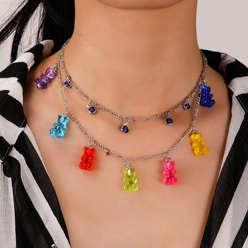 

New Fashion Double Layer Cartoon Gummy Bear Evil Eyes Chain Necklaces for Women Silver Color Femme Bijoux Collar Pendants Gifts
