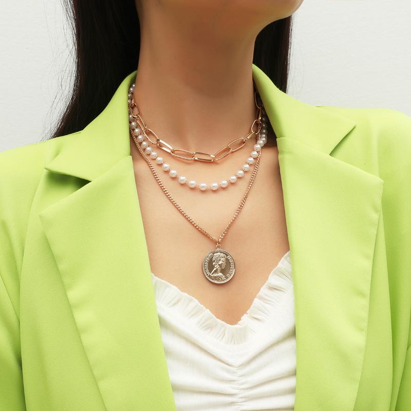 

Punk Multi Layer Imitation Pearl Choker Necklace Collar Retro Carved Coin Pendant Long Chain Necklace Women Jewelry