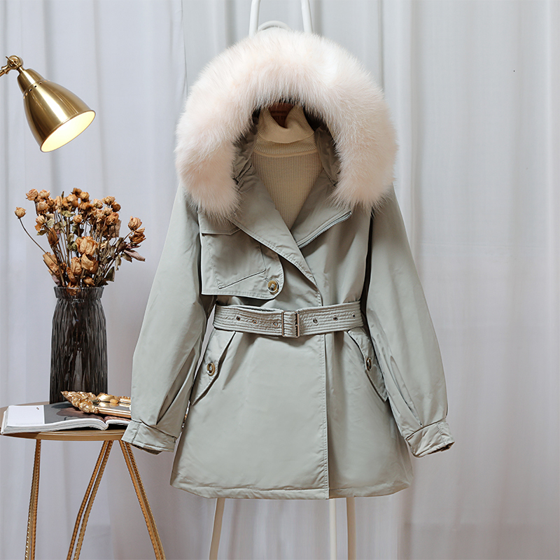 

2021 New Women's Winter Big Black Leather Collar with Hood Parka 90% White Down Sttwear Jacket Outwear AI95, Light green.