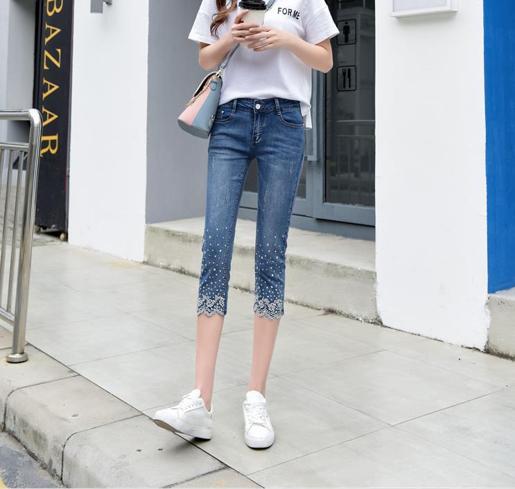 

New Women's Embroidered Jeans Thin Pencil Calf-length Brim Pants U2wn, Blue