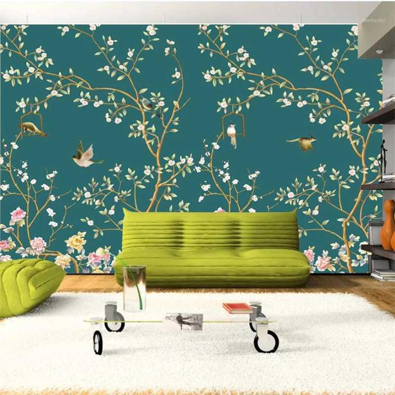 

mural Custom wallpaper 3d murals new Chinese large-scale hand-painted flowers and birds peony mural TV background wall paper1