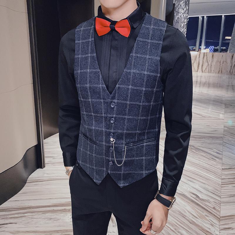 

Wedding suit vest men plaid formal business blue vests work silm fashiom mens classic vest man casual waist coat for men gilet, Black