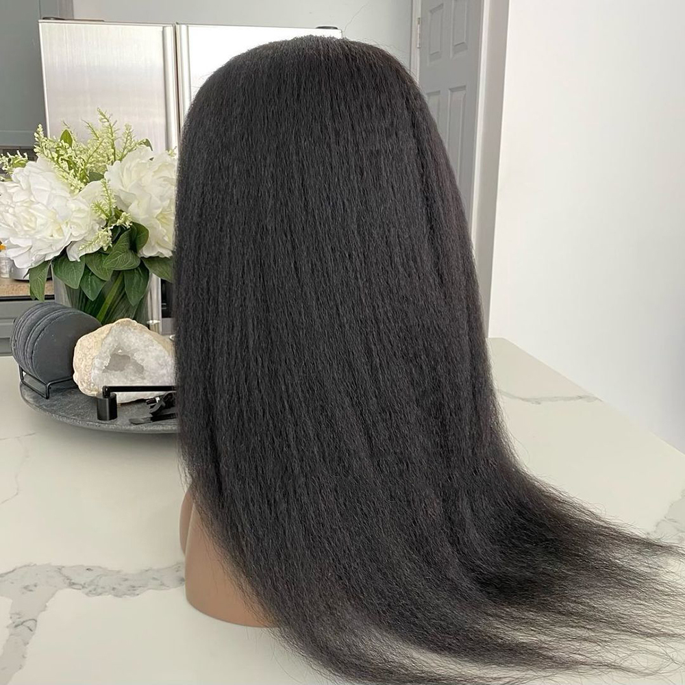 

Yaki Kinky Straight T Part Wig Brazilian 4X4 Lace Closure Wigs Virgin Human Hair Plucked With Baby Hair Remy 150% Density For Women, Natural color