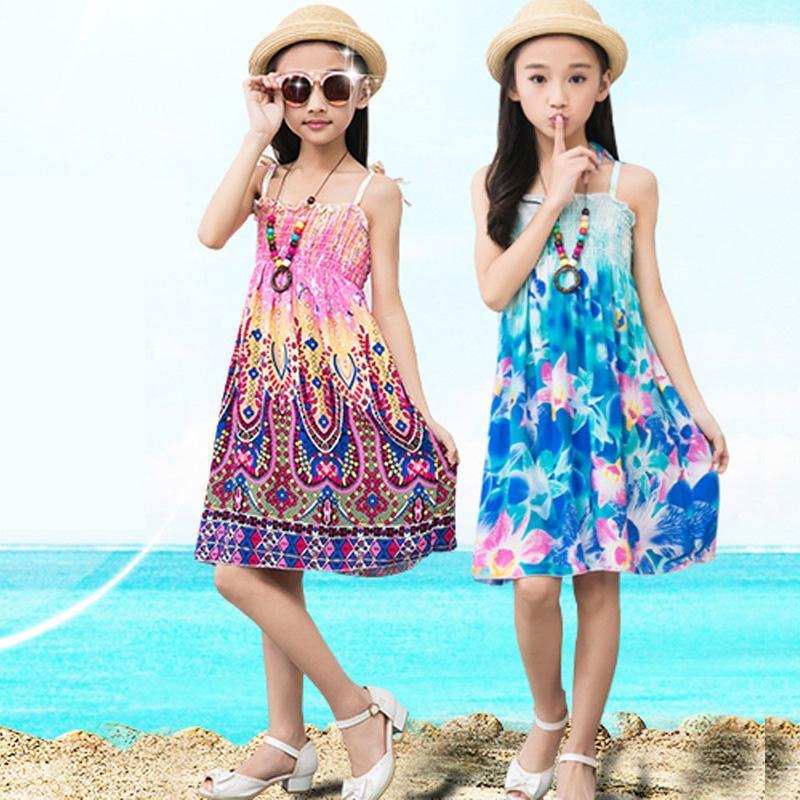 

Teenage Girls Dresses 2020 Bohemia Summer Beach Flower Princess Sling Dress With Necklace For Baby Girls 3-12Y Children Clothing1, Yellow