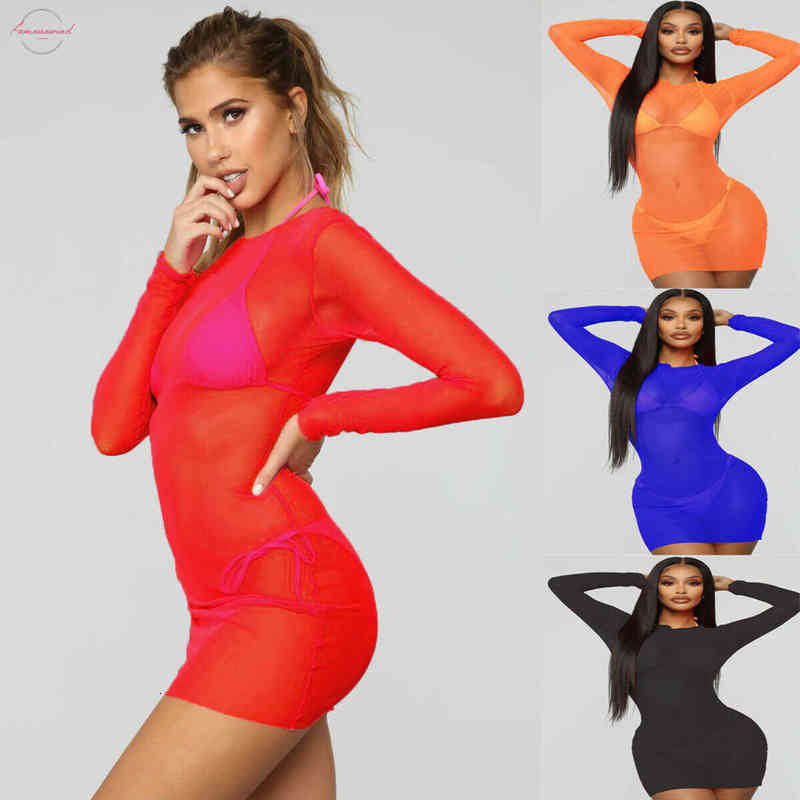 Women Sexy dresses Fishnet Mesh Sheer See Throught Cover Up Bathing Summer Beach Dress Long Sleeve Club Wear-image-537265605