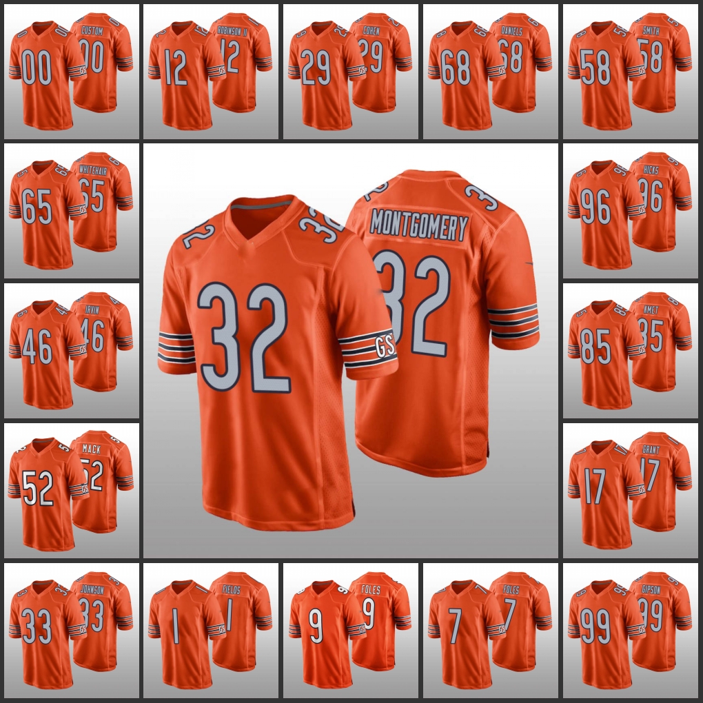 

Jersey Chicago''Bears''Men #52 Khalil Mack 32 David Montgomery 1 Justin Fields 12 Allen Robinson''NFL''Women Youth Custom Orange Alternate Game