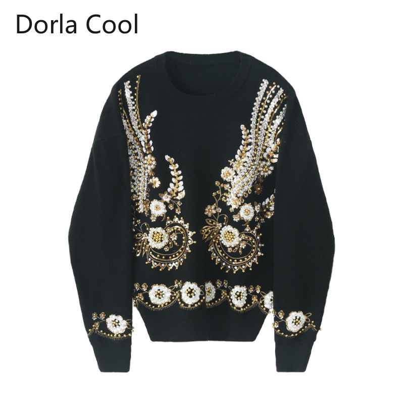 

Female Runway Luxury Beads Nightgown Sequins Loose Flowers Top 2021 Designer Sweater Lady Embroidered Neck Jumpers Wp1m, Black