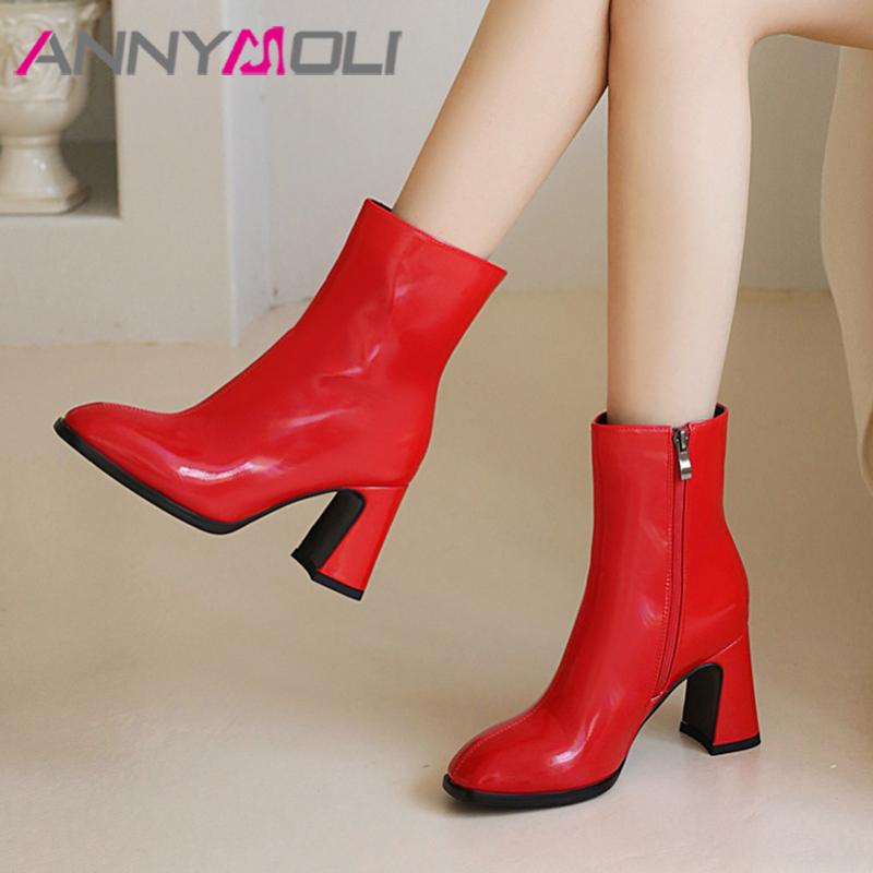 

ANNYMOLI Ankle Boots High Heel Woman Boots Chunky Heel Shoes Zip Round Toe Short Ladies Autumn Winter Beige Large Size 46, Beige synthetic lin