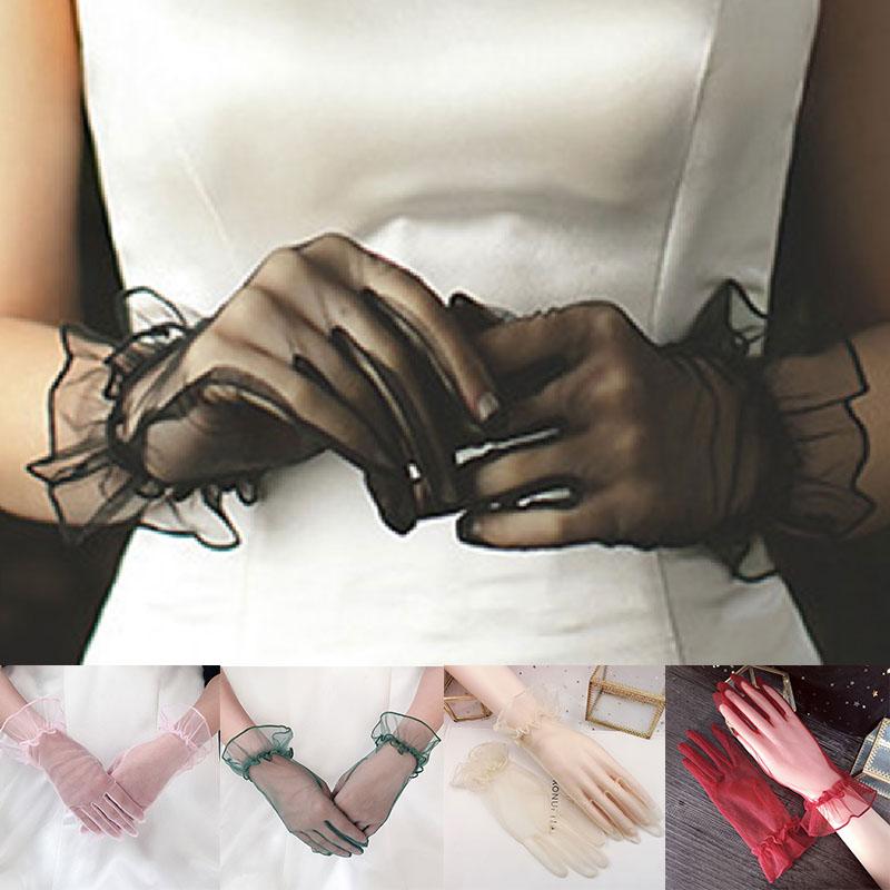 

New 1 Pair Autumn Summer Women Short Tulle Gloves Stretchy Lace Lotus Leaf Sheers Flexible Accessories Full Finger Sexy Gloves