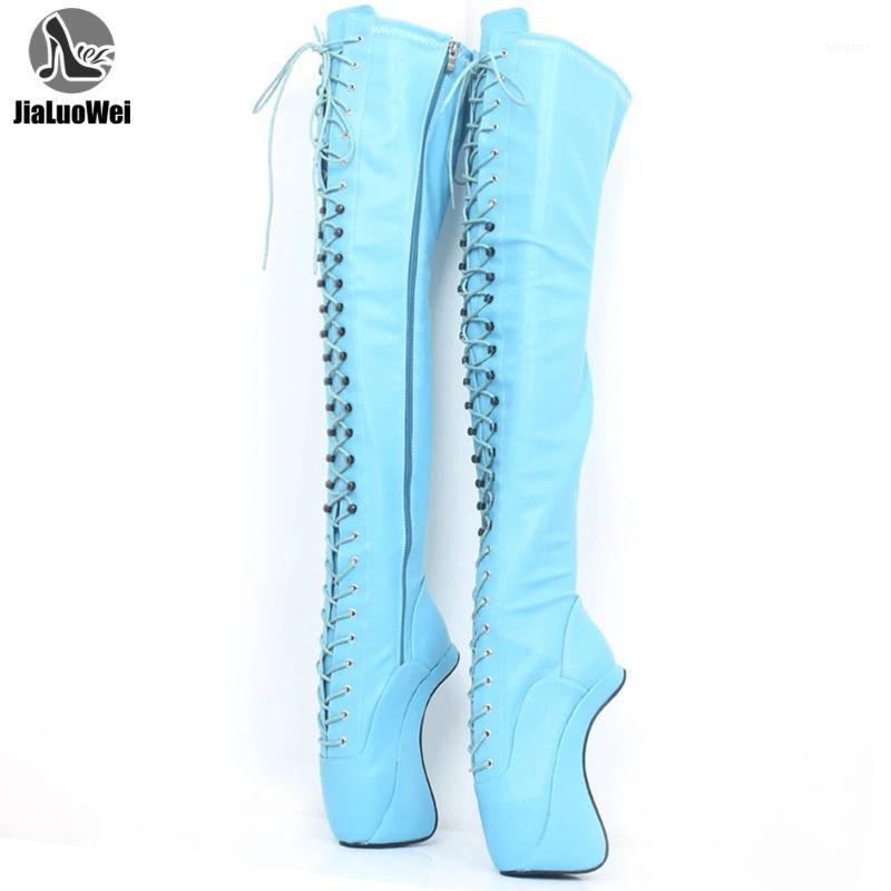 

Over-The-Knee Ballet Boots 18CM Super High Hoof Heel Wedge Sole Zip Cross-tied Thigh Hi Long Boots Custom Made1, Black matte