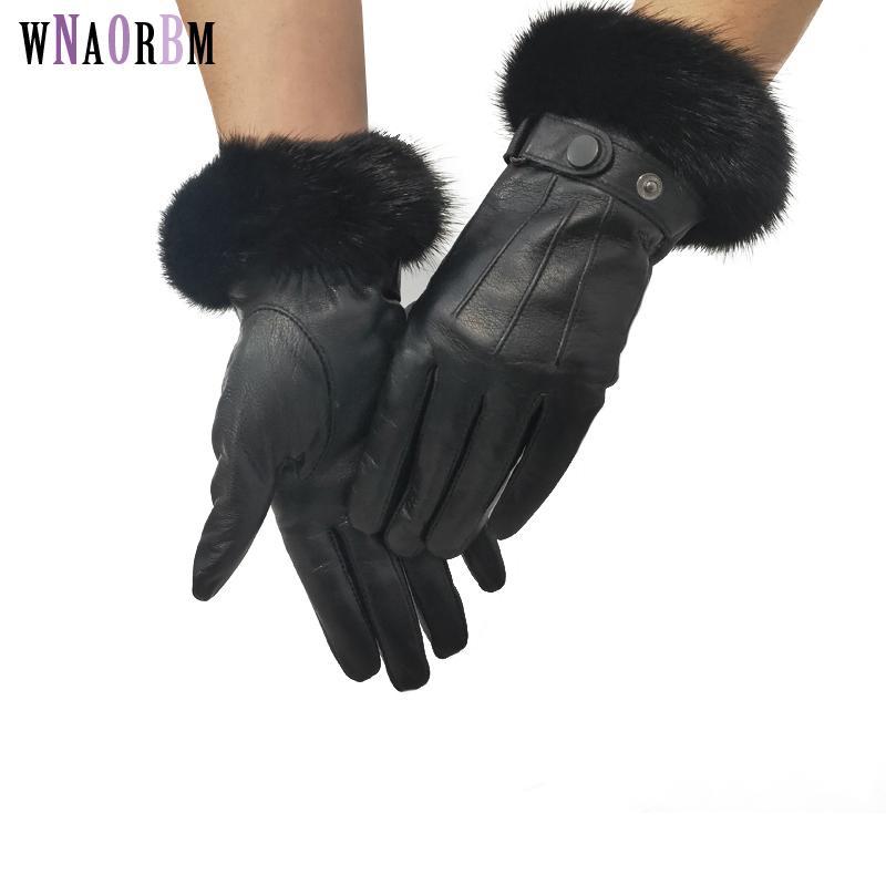 

New Women's leather gloves real mink Gloves Adult sheepskin black women's winter leather mittens