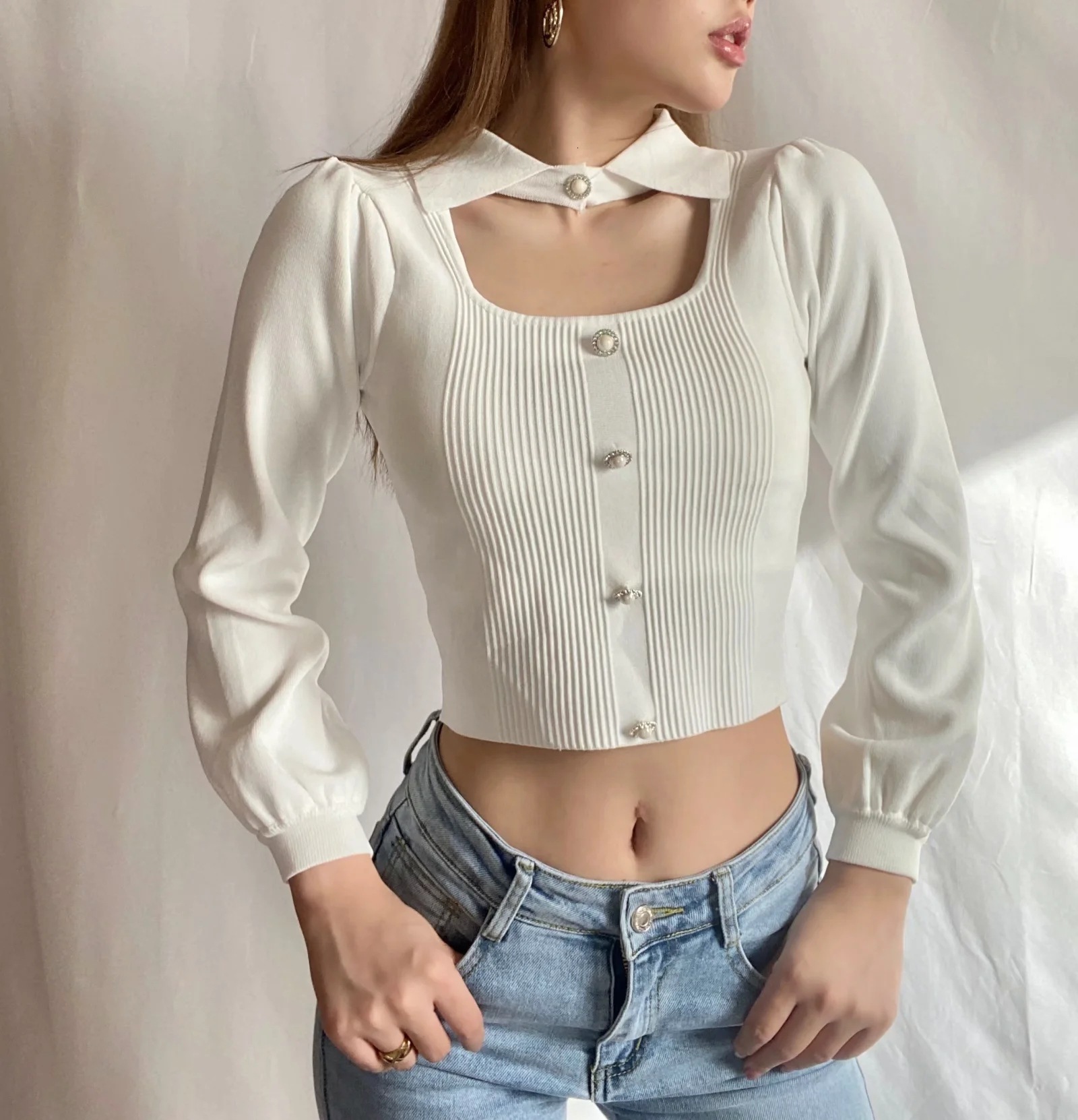 

2021 New Female Ins Lapels, Europe and United States the French Hollow Out Long Sleeve Knit Unlined Upper Garment, 6841 Xo14, Black