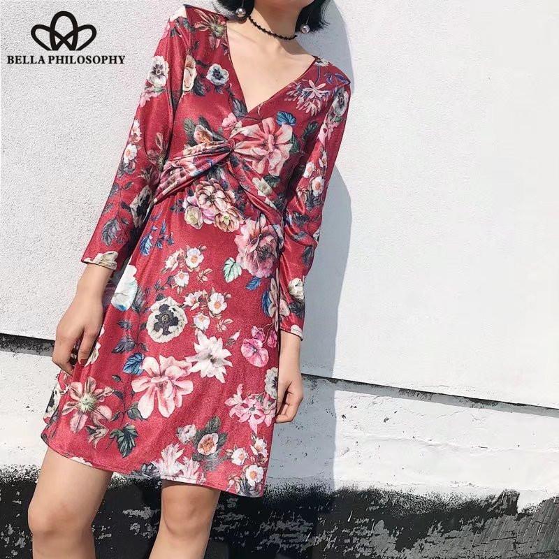 

Bella Philosophy 2020 winter print women dress empire loose above knee fashion dress three quarter red velvet V neck women