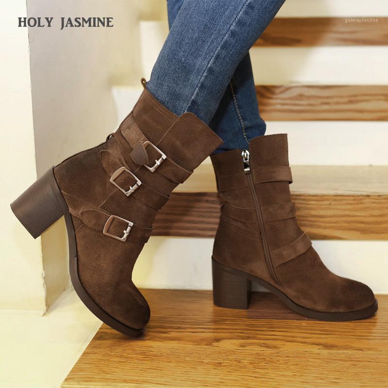 

Winter Boots Women Cow Suede Belt Buckle Boots Zip Round Toe Square Heel Women Shoes High (5cm-8cm) Rubber Short Plush1, Black