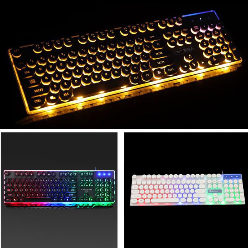 

Gaming Keyboard Retro Round Glowing Keycap Metal Panel Backlit USB Wired Metal Panel Illuminated Border Waterproof