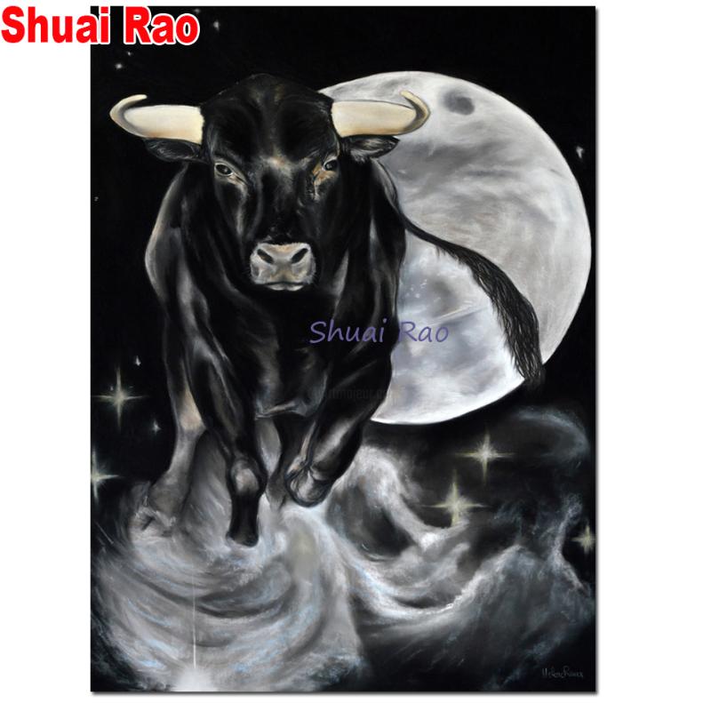 

5d Diy diamond painting black moon bull,full square round diamond embroidery rhinestone painting mosaic cow art,