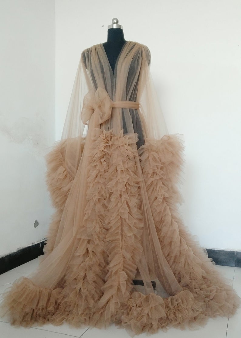 

Sexy Photography Dress See Thru Long Prom Dresses With Puff Full Sleeves Prom Gowns Ruffles Tiered Pregnant Woman Long Robe 2021