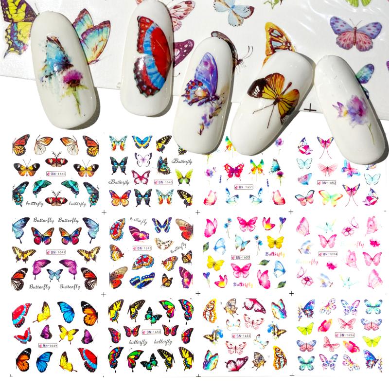 

12 designs Butterfly Water Transfer Nail Art Stickers Colorful Blue Pink insect Watermark Nail Decals Slider Decoration NEWEST, Bn1669-1680
