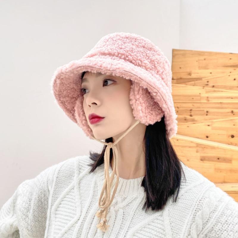 

Faux Lambswool Bucket Hat Women Winter Warm Thicker Fisherman Cap Basic Hat With Ear Protection Lady Cute Adjustable Panama Caps, Black