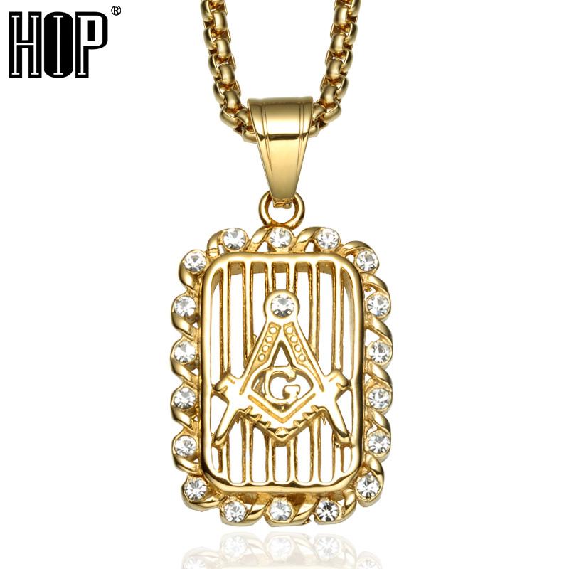 

HIP Hop Two Tone Square Freemasonry Masonic Pendant Necklaces Crystal Pave Stainless Steel Necklace for Women Women Jewelry