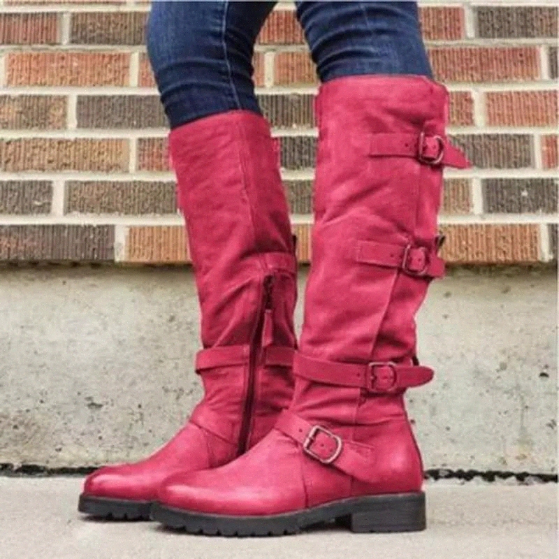 

Women knee high boots low heels autumn winter warm knight PU leather shoes plus size gladiator booties woman mujer zapatos #Kx8V, Black