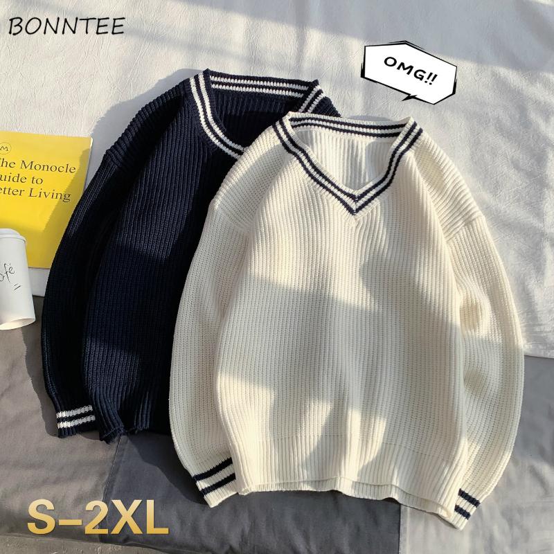 

Pullovers Men V-neck Stripe Couples Loose Lazy Students British Style All-match Fashion Simple Male Sweaters Harajuku Streetwear, Blue