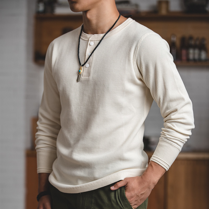 

Men' Long-sleeve Cotton Jersey Adjust Regular Waffle Henry O02w, Creamy white.