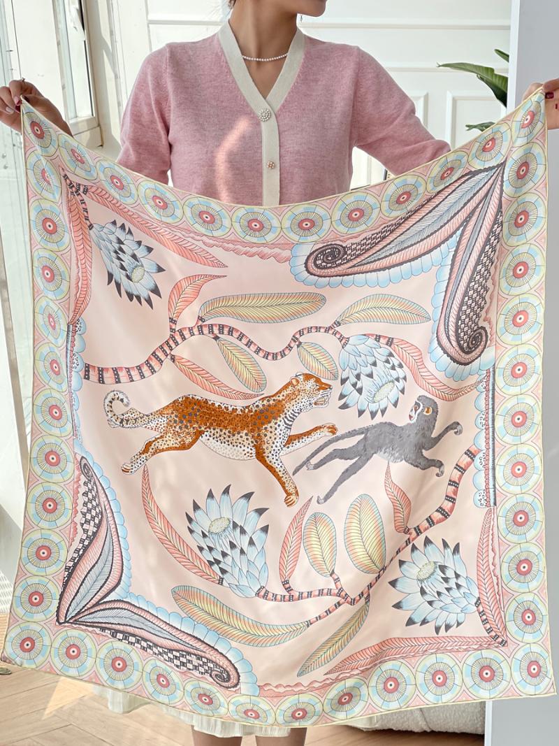 

Scarves 90cm Mulberry Silk Scarf "The Savana Dance Wash" 90 Square Scarf, Twill Printing, Anti-wrinkle, Handmade Stitching, Blue;gray