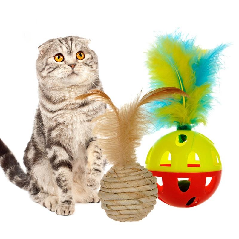 

pet tumbler ball cat with colorful feather pet tumbler toy with bell self tease cat rolling interactive training toys