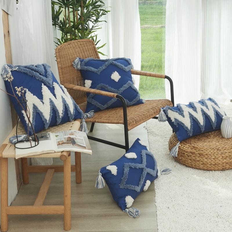 

G Sofa Geometric Pillowcase Blue and White Tufted Tassel Pillowcase Decorations For Home decor Pillow Case1, L4
