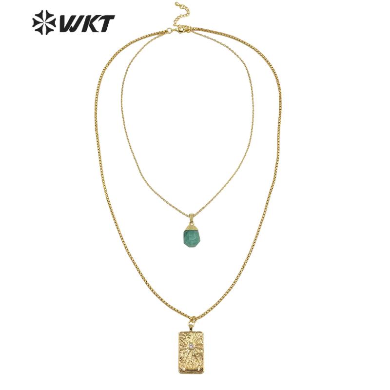 

WT-N1280 WKT Unique design double layer chocker chain necklace gold electroplated square medal coin stone necklace