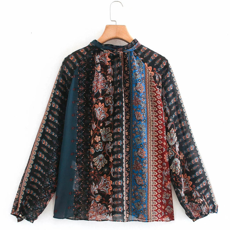

2021 New Women Vintage Flowing Patchwork Printed Blouse Fashion Ruffle Trims Long Sleeves High Collar Metal Buttons Tops Q616, Print