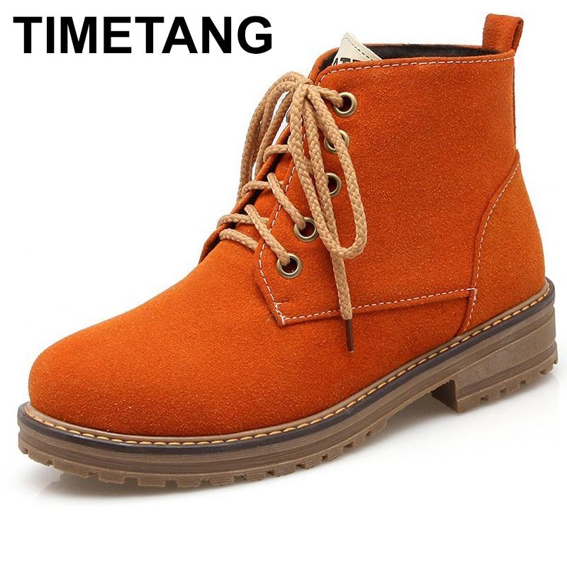 

TIMETANGMartin lace boots for women Autumn Winter lady Square heel boots women black orange army green Beige round toeankle boot
